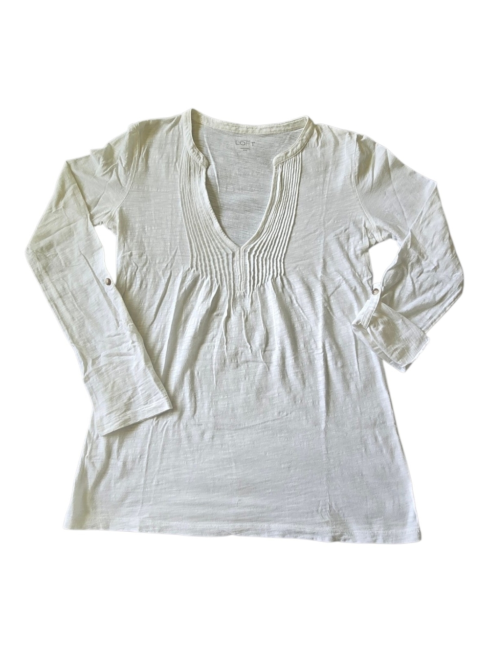 LOFT White Pleated V-Neck Top With Roll Up Long Sleeves
